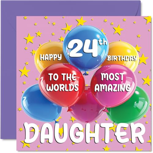 Tarjeta de cumpleaños número 24 para hija – La hija más increíble del mundo – Tarjeta de feliz cumpleaños 24 para hija de mamá papá, 145 mm x 145 mm, 24 años 24 tarjetas de felicitación para hija