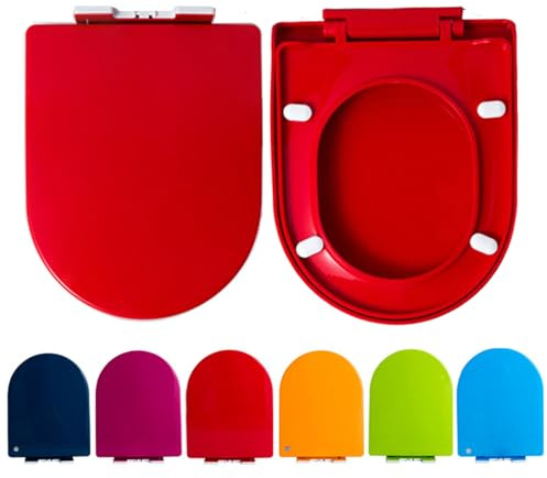Giural Toilettendeckel D Form WC Sitz Mit Absenkautomatik, Farbe Toilettendeckel Aus PP, Klobrille Viele Bunte Motive, Hoher Sitzkomfort, Einfache Zu Reinigen,36 * 44.5Cm,Rot