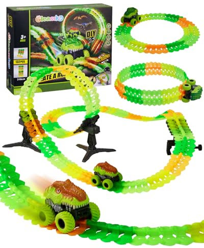 GleamKid Spielzeug ab 3 Jahre Autorennbahn Auto Set,Dinosaurier Auto Spielzeuge,Leucht Flexible Autorennbahn Rennbahn Kinder Spielzeug,Geschenk für Kinder ab 3 4 5 6 7 8 Jahre Jungen Mädche