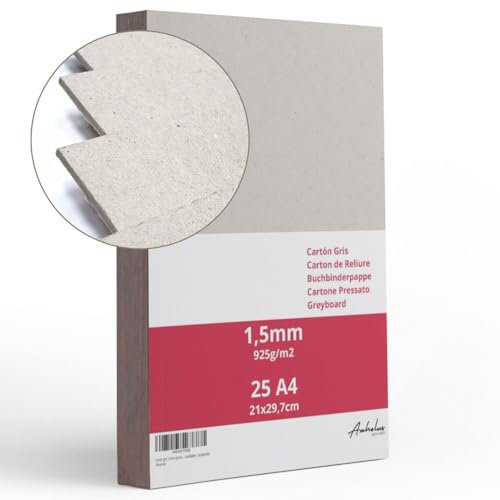 25 Blatt A4 Graupappe 1,5 mm dick, Größe 21x29,7cm, Buchbinderpappe 925 g/m², Graukarton, Presskarton, Recyclinkarton, Bastelarbeiten, binde, Scrapbooking