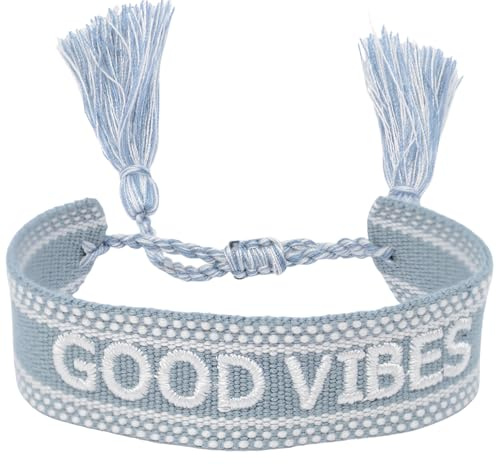 Selfmade Jewelry Good Vibes Armband gewebt in Hellblau Weiß – Stylisches Boho Stoffarmband mit Quasten – Verstellbares Freundschaftsarmband für Teenager & Damen – Positives Statement & Geschenk