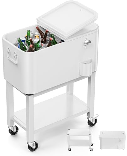 Bonnlo Glacière à Roulettes 57 L Frigo de Jardin ou Camping avec Bouchon de Décapsuler l'Ouvre-Bouteille et l'Attrappe-Capsule Chariot Frigorifique pour Patio Jardin Terrasse Blanc