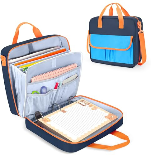 YARWO Carpeta con Cremallera para Niños y Niñas, Carpeta de 3 Anillas para 500 Hojas, con Archivos Expansibles, Correa Ajustable Compatible con Portátil 13, Tablet y Material de Oficina, Azul marino