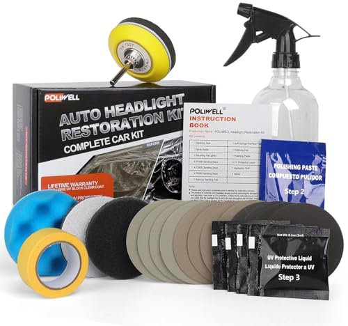 POLIWELL Headlight Restoration Kit 3 Easy Steps to Restore Sun Damaged Headlights Polish Headlights Lens Restore Cleaner DIY Polishing, Sanding Discs, Scouring Pads for Electric Drill, Total 24Pack