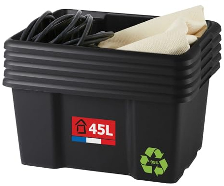 SUNDIS 5er-set Aufbewahrungsboxen 45L, aus recyceltem Kunststoff schwarz, L.55,5xl.39,3x H29,5cm, stapelbar, vielseitig einsetzbar, ideal für die Werkstatt, zum Heimwerken oder für den Transport
