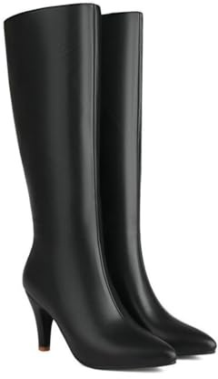 KUHAOFEU Botas Altas hasta La Rodilla con Tacón De Aguja para Mujer Punta Puntiaguda Cremallera Lateral Botas Larga,Negro,44 EU