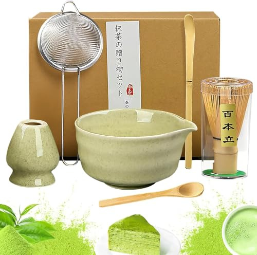 6 stycken matcha-set med skål, kvast, skedar, filtersil, tehandduk underlägg | Skål med utlopp, för matcha-älskare