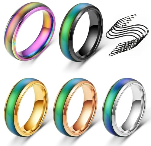 YANKOIUK 5PCS Color Changing Mood Ring Set, Stainless Steel Mood Rings | with 5 Nylon Cords for Women Men, 0.78” Diameter Emotional Feeling Rings, Fashion Jewelry for Party Birthday Valentine's Day