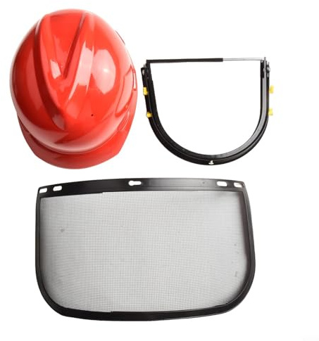 Casco di sicurezza per motosega con visiera in rete, scudo e archetto regolabile per tosaerba, decespugliatore e decespugliatore, struttura leggera in plastica e rete in rosso e nero C