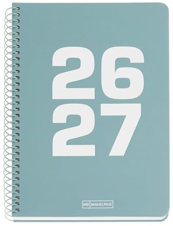 Miquelrius - Skolkalender 2026 2027 dag per sida A5+, grön | 10 månader, 15 x 21,3 cm, plastkartong, metallfärgad spiral, präglingsår, klistermärken, spansk-EN