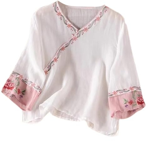 Blusas bohemias de lino de manga corta para mujer, estilo bohemio, campesino, ajuste holgado, bordada floral, para verano, hippie, con volantes frontales, para mujeres mayores, club, retro, encaje