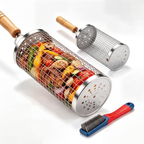 Juego de cestas para parrilla rodante, 2 piezas de accesorios de parrilla con mango de madera extraíble, acero inoxidable 304, accesorios de parrilla de cocina al aire libre para verduras, carne y