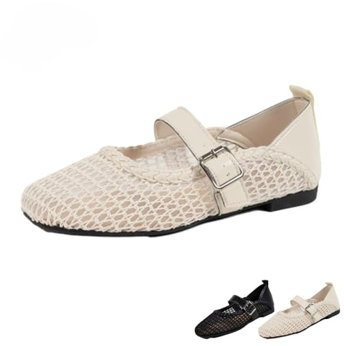 Chaussures plates Mary Jane tissées pour femme, maille respirante, bout carré, confortables, sangle à boucle, ballerines décontractées, abricot, 38.5 EU