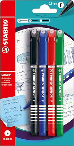 STABILO - Fineliner mit gefederter Spitze - SENSOR F - fein - 4er Blister - schwarz, blau, rot, grün