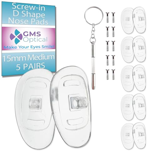 GMS Optical Medium Screw-in D-Shaped Nose Pads for Glasses - Non Slip Silicone Nose Grips for Glasses, Sunglasses and Eyewear Eyeglass Accessories w/Screws & Screw Driver - 5 Pairs, Clear