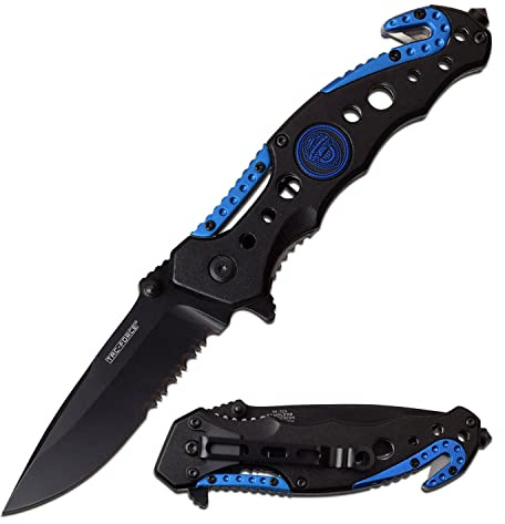 Tac-Force- Folding Pocket Knife – Black Partially Serrated Blade, Black and Blue Aluminum Handle, Rope Cutter, Glass Punch and Pocket Clip, Tactical, EDC, Rescue - TF-723BL
