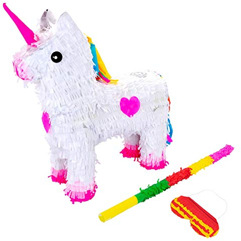 Fax Potato Unicorn Pinata, Rainbow Buster Stick and Blindfold Set (W43 x D13 x H55cm) Fill Your Own Kids Large Party Supplies Themed Birthday Fun Decoration Pinata for Kids Parties & Games