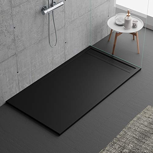 Plato de ducha negro, diseño moderno, modelo Oviedo, en piedra mármol y resina con efecto pizarra, luxury, gelcoat, slim 3 cm 80 x 140 cm