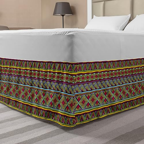 Ambesonne African Bedskirt, Colorful Diamond Motifs with Angled Lines Lively Palette Geometric Borders, Bedroom Decor Wrap Around Elastic Bed Skirt Gathered Design, Queen, Multicolor