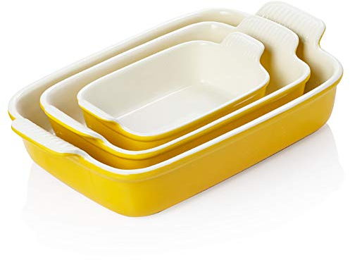 Sweejar Baking Pans Set, Ceramic 9x13 Baking Dish with Handle, Rectangular Casserole Dishes for Oven, Bakeware Sets of 3, Durable Lasagna Pan Deep for Kitchen, Banquet, Wedding Gift(Yellow)