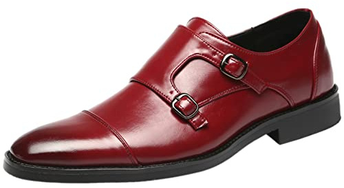 ANUFER Caballero Elegante Puntera Doble Hebilla Zapatos de Monje Imitación Cuero Formal Zapatos de Vestir Borgoña SN070533 EU39