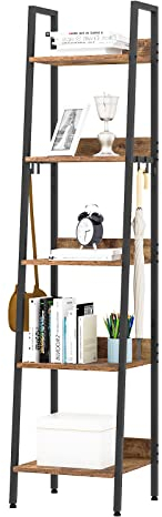 WOLTU Lagerregal mit 5 Ebenen, Küchenregal mit 4 Haken, Bücherregal im Industriestil, Standregal im Wohnzimmer Küche, Regal aus MDF Metall, schmales Leiterregal schwarz 40x 170x36 cm RGB9289hov