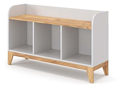 VitaliSpa Kindersitzbank Weiß/Eiche Malia - 107x64x31 cm hergestellt aus Spanplatte - Spielzeugschrank ideal fürs Kinderzimmer, eine praktische Lösung für die Organisation von Spielzeug