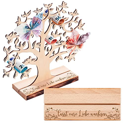 Geldbaum aus Erlenholz mit Gravur zur Hochzeit, Hochzeitsgeschenk für Brautpaar, Hochzeitsdeko, Verpackung für Geldgeschenke