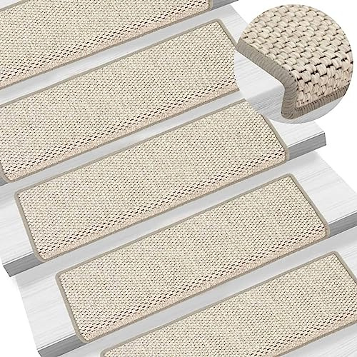 Homgoday Trappmattor självhäftande sisal-look 15 st 65 x 21 x 4 cm beige, trappmatta för trästeg, stegskyddsstegmatta, lämplig för barn, äldre och husdjur, matta trapplöpare 20