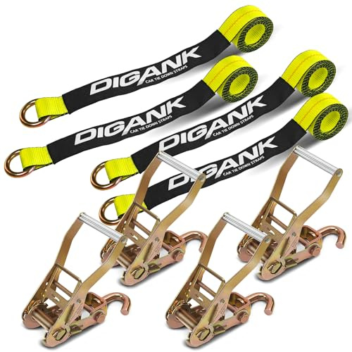 Digank Car Tie Down Straps (4PK) with J Finger Hook Lasso Ratchet Strap 2 Inch x 96 Inch- for Any Car, SUV, Jeep or Sports Car
