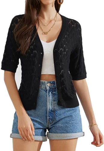 GRACE KARIN Womens Short Sleeve Cardigans Ladies V Neck Sweater Elegant Button Cardigan Black XL