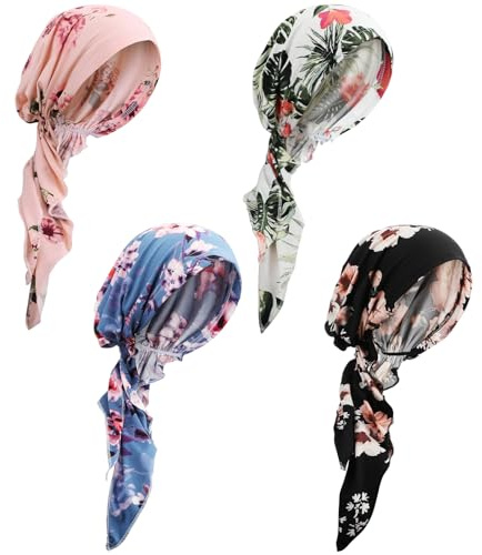 Halfchet 4 Pcs Chemo Headwear for Women Pre Tied Cancer Caps Head Scarf Turbans for Women Patients Gifts(Floral Pattern)