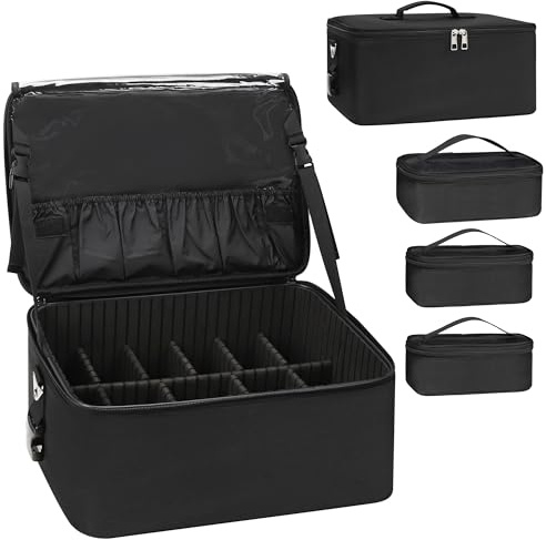 Valigetta per cosmetici, grande borsa per il trucco, professionale, da viaggio, con 3 trousse per cosmetici, organizer e piastra per rossetto per trucchi artisti, con tracolla, Nero , Set A