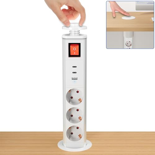Presa da Incasso Retrattile a 3 Porte con Interruttore, Presa da Incasso con PD 20W 2×USB-C e 1 USB-A, per Piano di Lavoro Cucina, 4000W/16A, Cavo 1,8M, Bianco