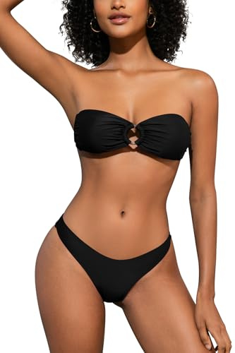 SHEKINI Women's Two Piece Swimsuit O Ring Strapless Bandeau Bikini Sets for Women with Sexy High Cut Cheeky Bottoms Beach Brazilian Swimwear, Black, S