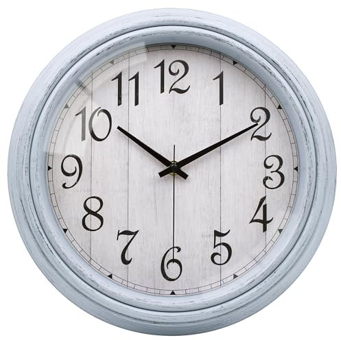 VIKMARI Retro Blue Wall Clock, 30cm Vintage Silent Non Ticking Clock for Kitchen Living Room Office Bedroom Bathroom