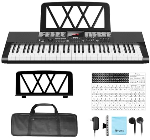 Keyboard Piano 61 Keys, Electric Piano Keyboard Kit with 255 Voices, 255 Rhythms, Powered by Power Adapter or Battery with LCD Display, Includes Sheet Music Stand, Piano Note Stickers, Earbuds (BLACK)