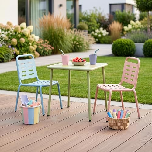 casa.pro Conjunto de Muebles Infantiles Etroubles Set de 3 Piezas de Muebles de Jardín para Niños 1 Mesa 2 Sillas Uso Exterior e Interior Acero - Multicolor
