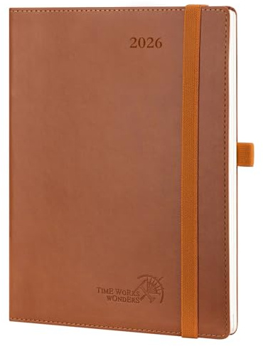 POPRUN Kalender 2026 Vertikal 22 x 16,5 cm, Mjukt Omslag, Planner 2026 med Månadsflikar, Veganläder och 100 GSM Tjockt Papper, Brunt