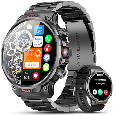 WalkerFit Smartwatch Uomo Militare 1,85, Batteria 710mAh, Orologio Smart con Chiamate & Monitoraggio Sonno, 100+ Modalità Sport, Orologio Fitness Impermeabile per Android iOS (Nero)