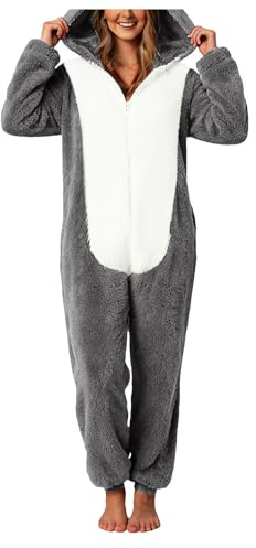 XIANUOJI Combinaison Pyjama Femme Grenouillere Combi Tout en Un Chaud en Polaire, Pyjamas Barboteuse Capuche VêTement en Peluche Nuit Adulte Costume Loungewear Grenouillère (1-Gris, XXXXL)