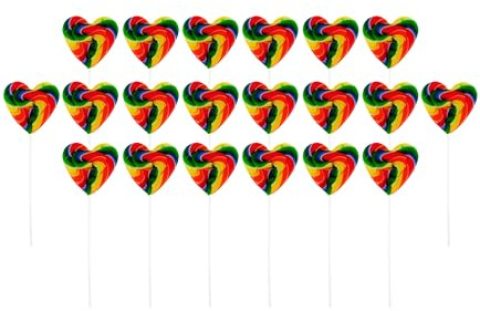 Sucettes Cœur Arc-en-ciel 30 g – 20 pièces – Bonbons végétaliens et halal, sans gluten ni lactose – Sucettes en forme de cœur colorées au goût tutti frutti – Idées cadeaux et petits présents