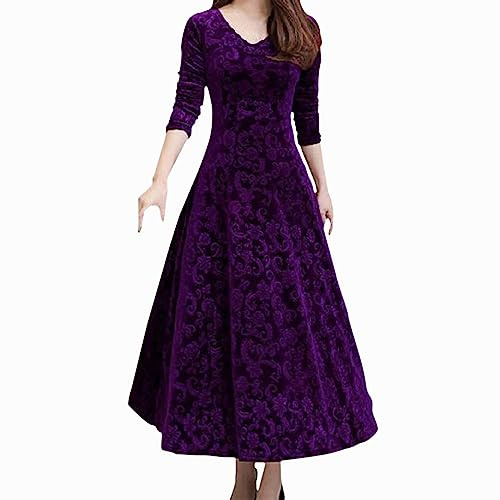Dinner Dresses for Women, Womens Velvet Midi Dress Long Sleeve V Neck Floral Jacquard Midi Dresses Vintage A-Line Evening Gowns Elegant Wedding Guest Bridesmaid Cocktail Prom Party Outfits Purple XL
