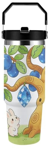 VTCTOASY 30 Oz Gemstone Blue Apricot Tree Insulated Tumbler with Top Handle And Straw Stainless Steel Travel Mug Large Capacity Car Cup Vacuum Insulated Water Bottle Portable Sports Jug