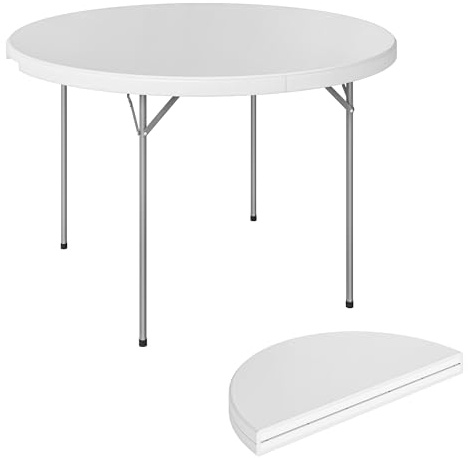 Outsunny Tavolo da Campeggio Pieghevole Rotondo, Tavolino da Esterno Richiudibile con Telaio in Metallo e Piano in HDPE, per Giardino, Terrazzo, Pic Nic, 120x120x74 cm, Bianco