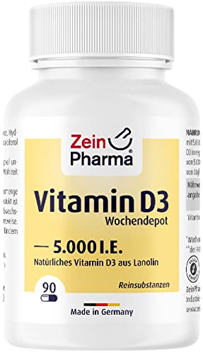 ZeinPharma Vitamin D3 5000 I.E. Kapseln hochdosiert- Vit D3, 2 Jahresvorrat Depot 90 Stück, natürliches Nahrungsergänzungsmittel ohne Zusatzstoffe, Reinsubstanz