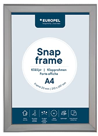 EUROPEL Klapprahmen A4 mit 20 mm Aluminium-Profil - aufklappbarer Plakatrahmen mit Gehrungsecke - Schnapprahmen für u.a. Poster, Zertifikate, Fotos & Werbemittel - Silber