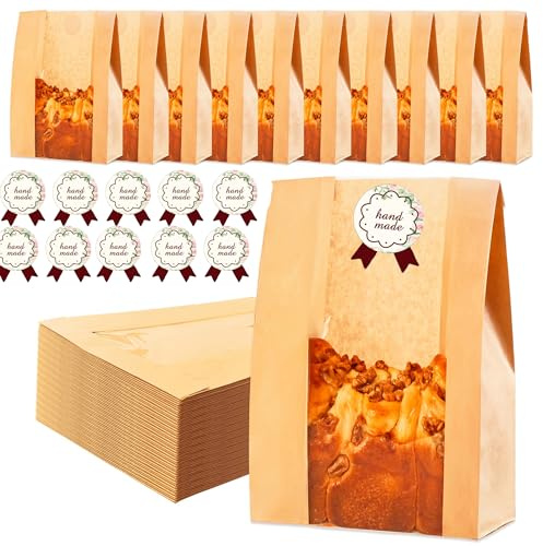 30 Pcs Paper Bread Bags for Homemade Bread, Bread Bags with Window,Large Sourdough Bread Bag, Kraft Bakery Bag for Sandwiches, Biscuits, Bread(13.7 x 8.2 x 3.5 in),30 Cute Stickers