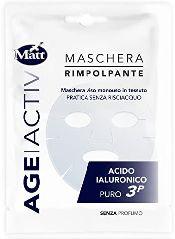 Matt, AGEACTIV Hyaluron Filler, Maschera Viso e Collo in Tessuto 100% Naturale e Biodegradabile, con Acido Ialuronico Puro, Tripla Idratazione, Rigenera e Rimodella la Pelle, Senza Profumo, 20 ml