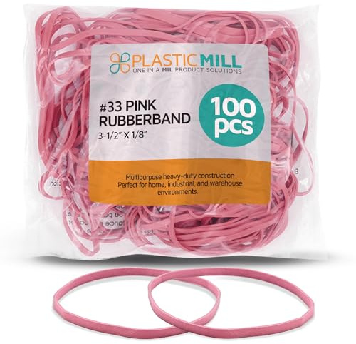 PlasticMill Pink Rubber Bands Size 33 (3 1/2 x 1/8) - #33 Colored Rubber Bands Office Supplies - Strong, Elastic Bands for Crafts, Balloon Garland, Cash, File Folders (100-Pack)